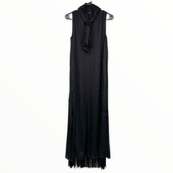 Massimo Dutti Maxi Dress Black Satin Sleeveless Tie Neck Fringe Slit - Picture 3 of 10